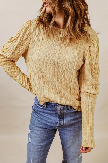 Khaki Textured Knit Puff Sleeve Top