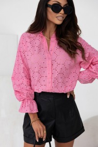 Chemise fleurie brodée ajourée rose