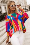 Multicolor Abstract Print Smocked Puff Sleeve Blouse