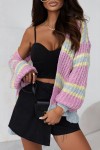 Pink Contrast Striped Open Front Cable Cardigan