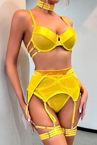 Conjunto de lencería sexy amarilho de 3 piezas