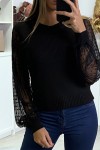 Black sweater with fine twisted knit and satin tulle sleeves