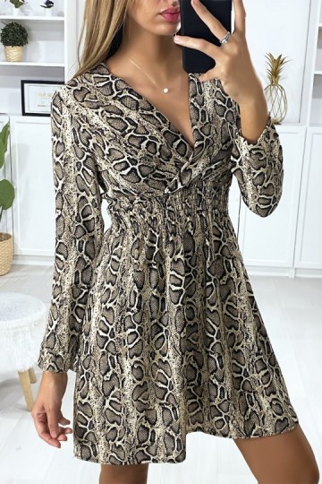 Python pattern dress crossed at the bust with elastic at the waist.