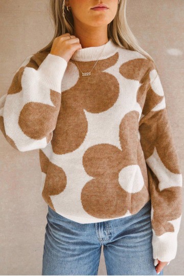 White and camel floral sweater