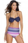 Navy Blue Patterned High-Waisted 2-Piece Swimsuit