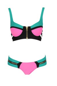 2-piece tricolor swimsuit with zip, pink