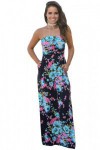 Navy Pink Floral Strapless Maxi Dress with Pockets