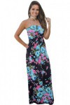 Navy Pink Floral Strapless Maxi Dress with Pockets