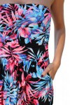 Black Neon Pink Tropical Strapless Maxi Dress with Pockets