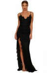 Long evening dress in fringed lace, black