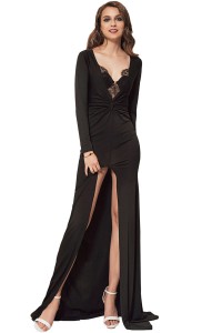 Long evening dress with front slit, black