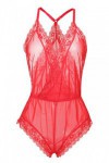 Shorty bodysuit in transparent veil and lace, red