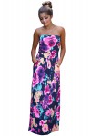 Black Fuchsia Floral Strapless Maxi Dress with Pockets