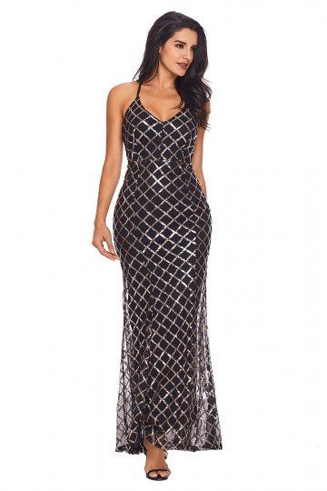 Long crossover evening dress with black gold sequins