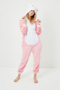 Pink and white polka dot fleece jumpsuit
