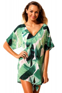 White and green tropical pattern beach dress