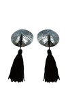 Silver sequin nipple covers with black pompoms
