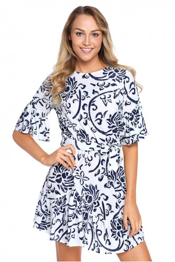 Short white summer dress with 3/4 sleeves and blue floral print