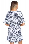 Robe d'été courte blanche manches 3/4 imprimée floral bleu