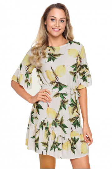 Short summer dress with 3/4 sleeves and fruit print