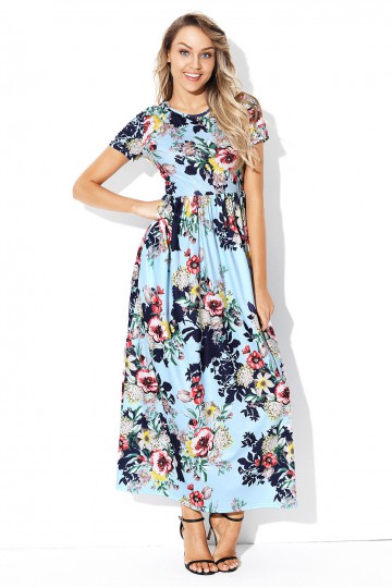 Blue summer long dress with short sleeves and floral print
