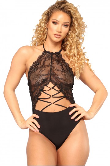 Black lace thong bodysuit with laces