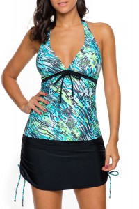 Black and turquoise 2-piece tankini swimsuit.