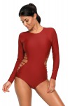 Red one-piece swimsuit with long sleeves.