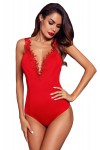 Red bodysuit with plunging neckline and crochet patterns
