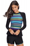 2-piece multicolor tankini swimsuit with long sleeves.