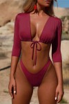 Burgundy two-piece swimsuit with 3/4 sleeves