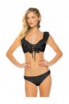 Black 2-piece swimsuit with frills.