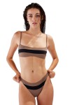 Brown and black 2-piece swimsuit.