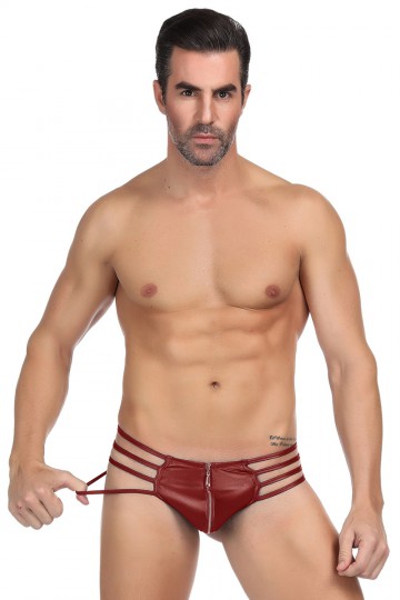 Red PVC thong with silver zip.