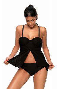 Black tankini with veil on the stomach.