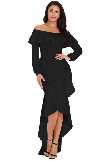 Long black dress with ruffles
