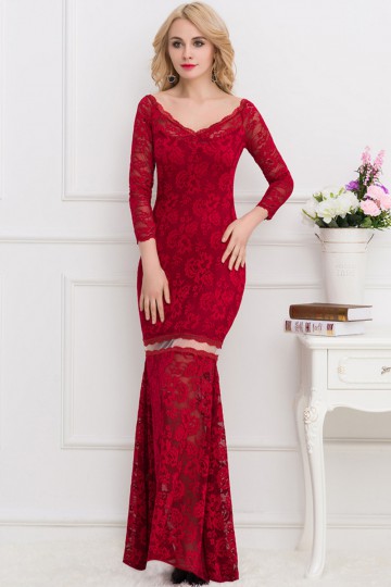 Long red lace dress.