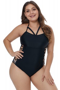 Large size black one-piece swimsuit with laces