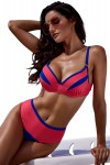 High-waisted red and blue 2-piece swimsuit.