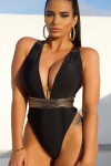 Black 2-piece swimsuit with long gold-colored straps