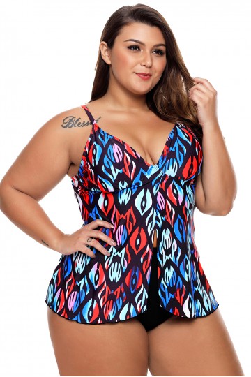 Black, blue and red printed tankini swimsuit.