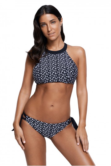 Black 2-piece swimsuit with white polka dots