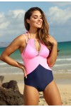 Pink and navy blue one-piece swimsuit with veil