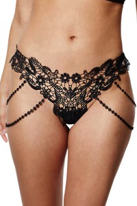 Black embroidered string thong with chain