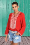 Red embroidered blouse with long sleeves