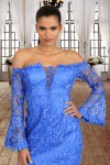 Blue Crochet Overlay Off The Shoulder Fitted Mini Dress
