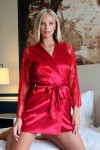 Red satin negligee with lace sleeves