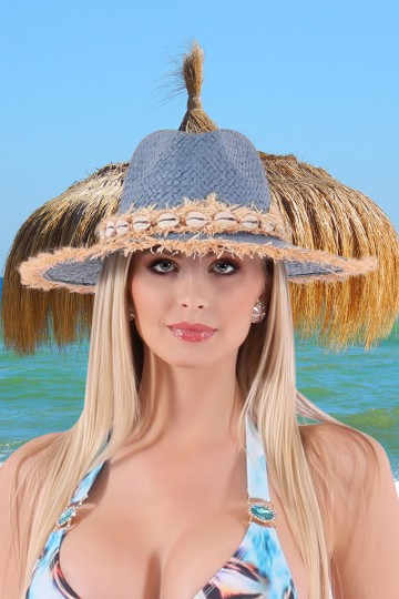 Blue straw hat with shells.