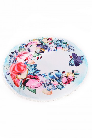 Round beach towel with butterflies and flowers.