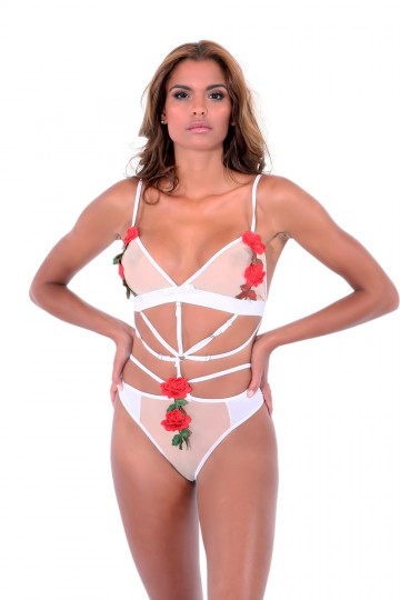 Sexy white bodysuit with rose pattern